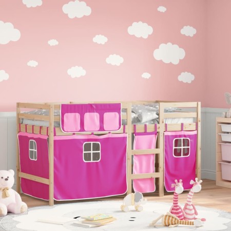 Cama alta para niños con cortinas madera pino rosa 90x200 cm de , Camas y somieres - Ref: Foro24-3283819, Precio: 189,66 €, D...