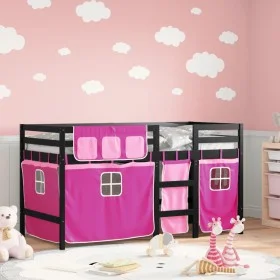 High bed for children with pink pine wood curtains 80x200 cm by , Beds and slatted bases - Ref: Foro24-3283816, Price: 182,79...