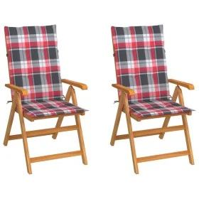 Sillas de jardín 2 uds con cojines cuadros rojos madera de teca de , Sillas de jardín - Ref: Foro24-3062389, Precio: 269,65 €...
