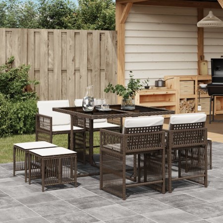 Set comedor para jardín 9 pzas y cojines ratán sintético marrón de , Conjuntos de jardín - Ref: Foro24-3211677, Precio: 367,3...