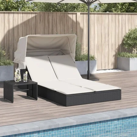 Tumbona doble con capota y cojines ratán sintético negro by , Loungers - Ref: Foro24-368637, Price: 255,96 €, Discount: %