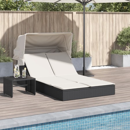 Tumbona doble con capota y cojines ratán sintético negro de , Tumbonas - Ref: Foro24-368637, Precio: 260,32 €, Descuento: %