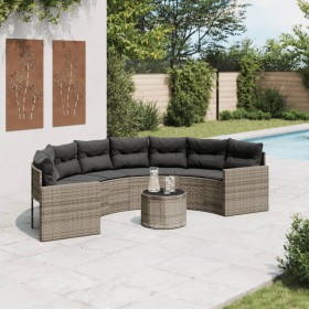 Sofá de jardín semicircular con mesa y cojines ratán PE gris de , Sofás de exterior - Ref: Foro24-3318518, Precio: 408,83 €, ...