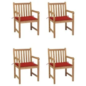 Sillas de jardín 4 uds madera maciza de teca con cojines rojos de , Sillas de jardín - Ref: Foro24-3073010, Precio: 595,71 €,...