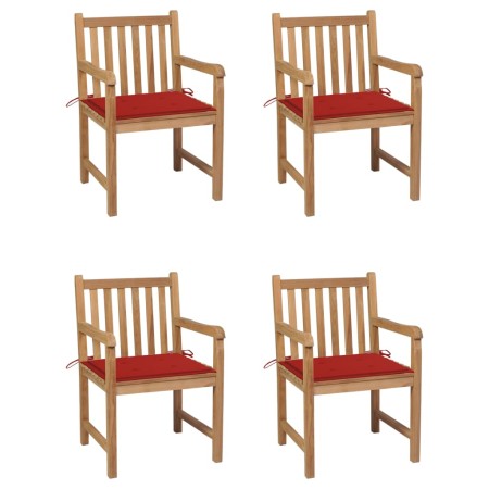Sillas de jardín 4 uds madera maciza de teca con cojines rojos de , Sillas de jardín - Ref: Foro24-3073010, Precio: 627,57 €,...