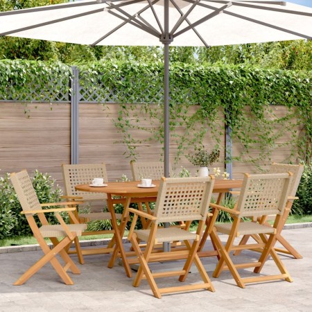 Sillas de jardín plegables 6 uds madera maciza y ratán PE beige de , Sillas de jardín - Ref: Foro24-3214563, Precio: 386,20 €...