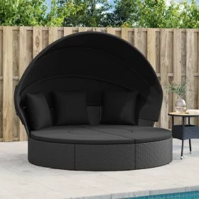 Tumbona cama de jardín con capota y cojines ratán PE negro de , Camas para exteriores - Ref: Foro24-362255, Precio: 541,83 €,...