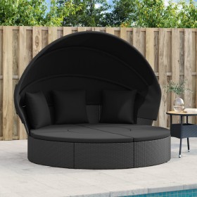 Tumbona cama de jardín con capota y cojines ratán PE negro de , Camas para exteriores - Ref: Foro24-362255, Precio: 605,22 €,...