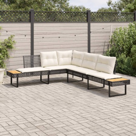 Sofá de jardín con cojines forma de L ratán PE negro y acacia de , Sofás de exterior - Ref: Foro24-365634, Precio: 263,36 €, ...