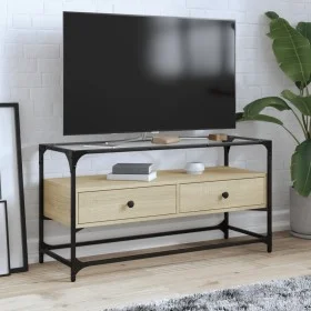 Mueble TV cristal y madera ingeniería roble Sonoma 98x35x51 cm de , Muebles TV - Ref: Foro24-846065, Precio: 74,15 €, Descuen...