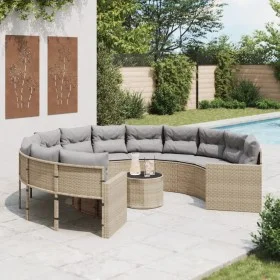 Sofá de jardín redondo con mesa y cojines ratán PE beige de , Sofás de exterior - Ref: Foro24-3318537, Precio: 693,08 €, Desc...