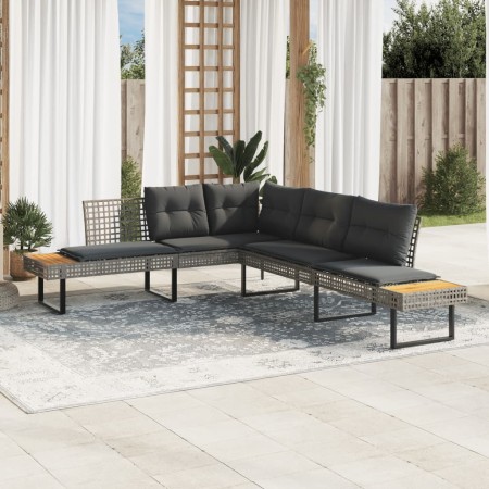 Sofá de jardín con cojines forma de L ratán PE gris y acacia de , Sofás de exterior - Ref: Foro24-365635, Precio: 292,19 €, D...