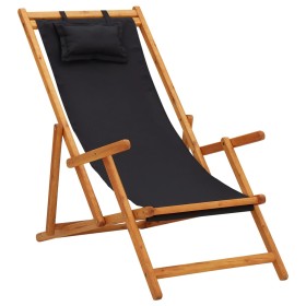 Silla de playa plegable madera maciza de eucalipto y tela negra de vidaXL, Sillas de jardín - Ref: Foro24-310313, Precio: 70,...