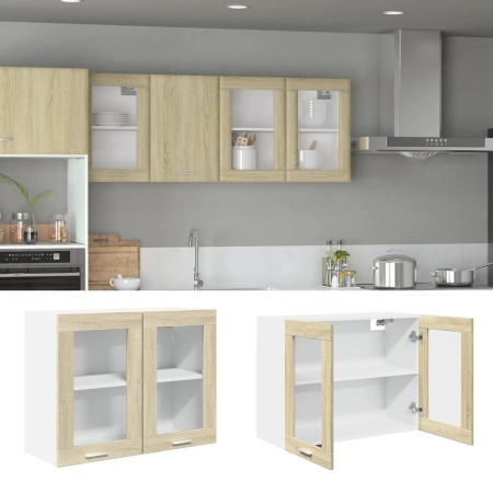 Armario colgante cristal y aglomerado roble sonoma 80x31x60 cm de , Armarios de cocina - Ref: Foro24-849624, Precio: 63,32 €,...