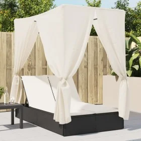 Doppel-Liegestuhl mit Dach und Vorhängen aus schwarzem synthetischem Rattan. von , Liegen - Ref: Foro24-368072, Preis: 306,57...
