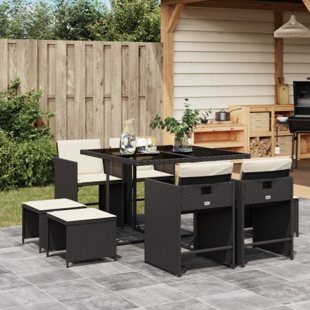 Set de comedor de jardín 9 pzas y cojines ratán sintético negro de , Conjuntos de jardín - Ref: Foro24-3211134, Precio: 349,6...