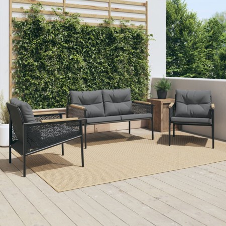 Juego de muebles de jardín con cojines 3 piezas acero negro de , Conjuntos de jardín - Ref: Foro24-3283635, Precio: 398,51 €,...