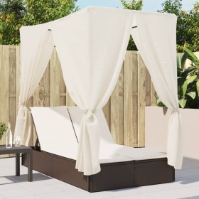 Tumbona doble con techo y cortinas ratán sintético marrón de , Tumbonas - Ref: Foro24-368073, Precio: 307,19 €, Descuento: %