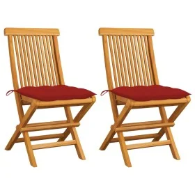 Sillas de jardín 2 uds madera maciza de teca con cojines rojos de , Sillas de jardín - Ref: Foro24-3062481, Precio: 144,51 €,...