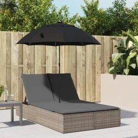 Tumbona doble con cojines y sombrilla ratán sintético gris de , Tumbonas - Ref: Foro24-368083, Precio: 290,82 €, Descuento: %