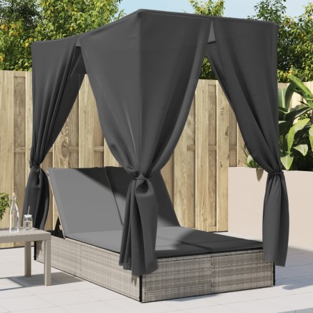 Tumbona doble con techo y cortinas ratán sintético gris claro de , Tumbonas - Ref: Foro24-368077, Precio: 303,30 €, Descuento: %