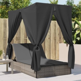 Tumbona doble con techo y cortinas ratán sintético gris de , Tumbonas - Ref: Foro24-368074, Precio: 303,75 €, Descuento: %