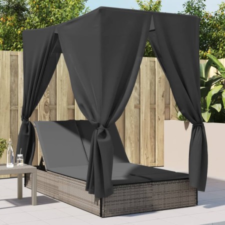 Tumbona doble con techo y cortinas ratán sintético gris de , Tumbonas - Ref: Foro24-368074, Precio: 303,75 €, Descuento: %