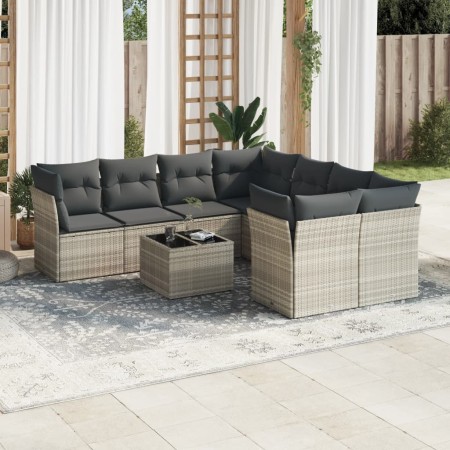 Set muebles jardín 9 pzas y cojines ratán sintético gris claro en Conjuntos de jardín | Comprar online en Foru.es