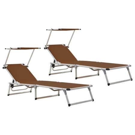 Tumbonas plegables con techo 2 uds aluminio y textilene marrón de vidaXL, Tumbonas - Ref: Foro24-312461, Precio: 186,56 €, De...