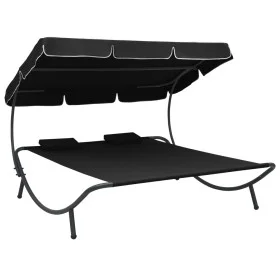Tumbona de jardín con toldo y cojines negro de vidaXL, Camas para exteriores - Ref: Foro24-313521, Precio: 139,90 €, Descuent...