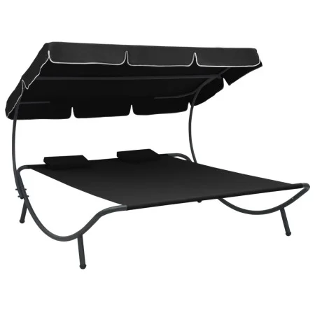 Tumbona de jardín con toldo y cojines negro de vidaXL, Camas para exteriores - Ref: Foro24-313521, Precio: 139,90 €, Descuent...
