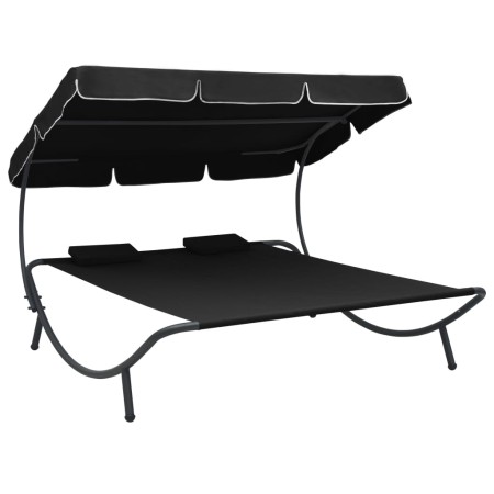 Tumbona de jardín con toldo y cojines negro de vidaXL, Camas para exteriores - Ref: Foro24-313521, Precio: 133,03 €, Descuent...