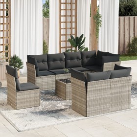 Set muebles jardín 9 pzas y cojines ratán sintético gris claro en Conjuntos de jardín | Comprar online en Foru.es