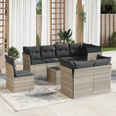 Set muebles jardín 9 pzas y cojines ratán sintético gris claro en Conjuntos de jardín | Comprar online en Foru.es