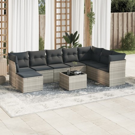 Set muebles jardín 9 pzas y cojines ratán sintético gris claro en Conjuntos de jardín | Comprar online en Foru.es