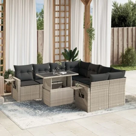 Set muebles jardín 9 pzas y cojines ratán sintético gris claro de , Conjuntos de jardín - Ref: Foro24-3267802, Precio: 675,02...