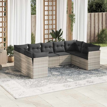 Set muebles jardín 9 pzas y cojines ratán sintético gris claro en Conjuntos de jardín | Comprar online en Foru.es