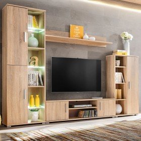 Mueble de salón de pared para TV con luces LED roble Sonoma en Muebles TV | Comprar online en Foru.es