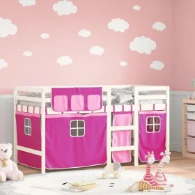 High bed for children with pink pine wood curtains 80x200 cm by , Beds and slatted bases - Ref: Foro24-3283813, Price: 172,15...