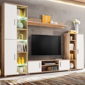 Mueble salón pared para TV con luces LED roble Sonoma y blanco en Muebles TV | Comprar online en Foru.es