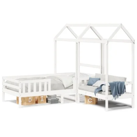 Set cama y banco con techo madera maciza pino blanco 75x190 cm de , Camas y somieres - Ref: Foro24-3282184, Precio: 307,98 €,...