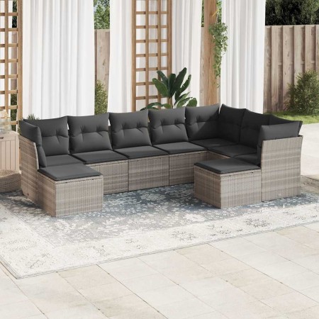 Set muebles jardín 9 pzas y cojines ratán sintético gris claro en Conjuntos de jardín | Comprar online en Foru.es