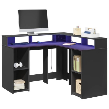 Escritorio con luz LED madera ingeniería negro 130x130x91 cm de , Escritorios - Ref: Foro24-3309448, Precio: 260,39 €, Descue...