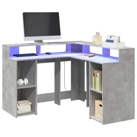 Escritorio con LED madera ingeniería gris hormigón 130x130x91cm de , Escritorios - Ref: Foro24-3309450, Precio: 210,82 €, Des...