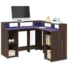 Escritorio con LED madera ingeniería marrón roble 130x130x91 cm de , Escritorios - Ref: Foro24-3309453, Precio: 192,56 €, Des...