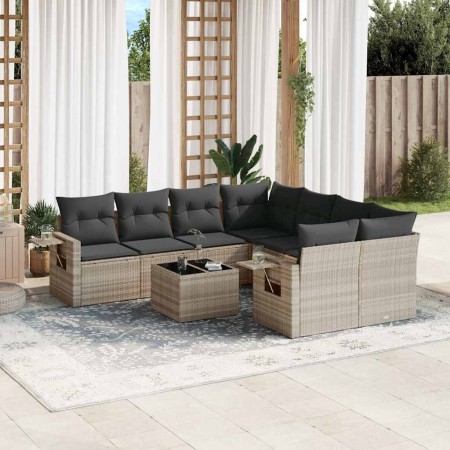 Set muebles jardín 9 pzas y cojines ratán sintético gris claro en Conjuntos de jardín | Comprar online en Foru.es