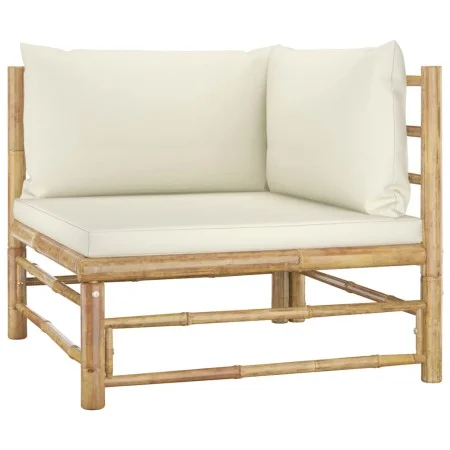 Sofá de esquina para jardín bambú con cojines blanco crema von vidaXL, Modulare Sofas für den Außenbereich - Ref: Foro24-3131...