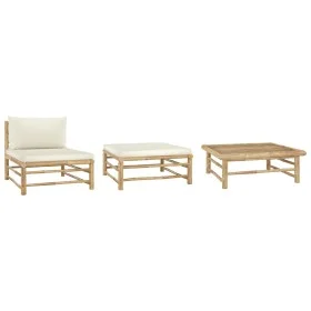 Set de muebles de jardín 3 piezas bambú y cojines blanco crema by vidaXL, Modular outdoor sofas - Ref: Foro24-313142, Price: ...