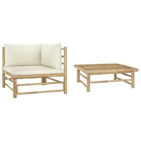 Set de muebles de jardín 2 piezas bambú y cojines blanco crema de vidaXL, Sofás modulares de exterior - Ref: Foro24-313144, P...