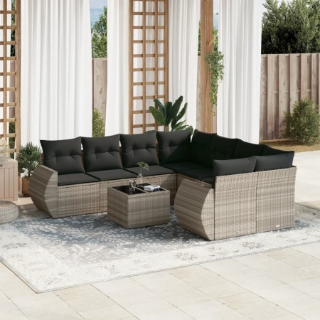 Set muebles jardín 9 pzas y cojines ratán sintético gris claro en Conjuntos de jardín | Comprar online en Foru.es